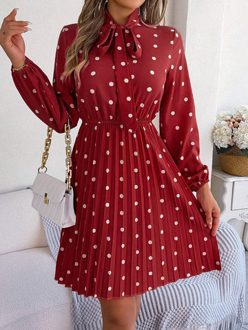 New Arrival Women's Polka Dot Printed Long Sleeve Dress With Bow-Tie Collar And Waist-Tucked Pleated Hem For Fall Winter