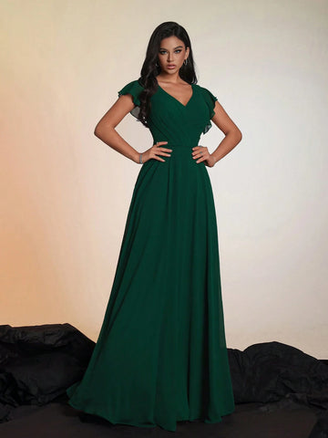 New Arrivals Elegant Solid Color V-Neck High-End Luxury Noblewoman Cocktail Party Dress