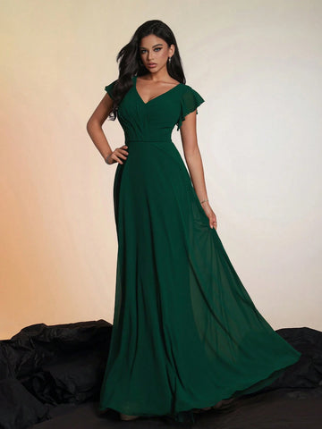 New Arrivals Elegant Solid Color V-Neck High-End Luxury Noblewoman Cocktail Party Dress