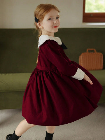 New Autumn/Winter Girls' Colorblock Floral Trim Retro Palace Style Dress, Unique Elegant Bow Princess Dress