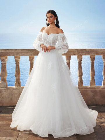 New Autumn/Winter Off-Shoulder Lantern Sleeve Snowflake Embroidery Long Dress, Bridal Wedding Dress
