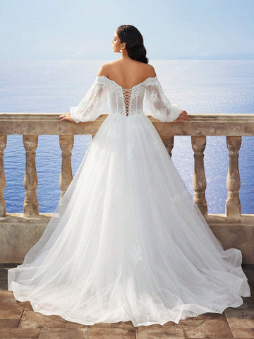 New Autumn/Winter Off-Shoulder Lantern Sleeve Snowflake Embroidery Long Dress, Bridal Wedding Dress
