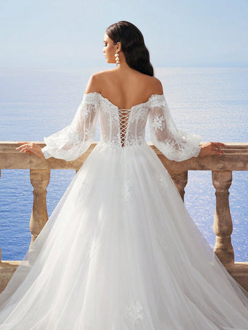 New Autumn/Winter Off-Shoulder Lantern Sleeve Snowflake Embroidery Long Dress, Bridal Wedding Dress