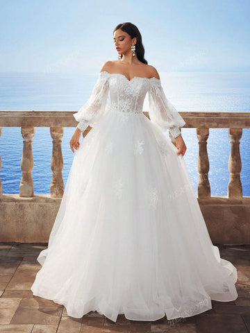 New Autumn/Winter Off-Shoulder Lantern Sleeve Snowflake Embroidery Long Dress, Bridal Wedding Dress