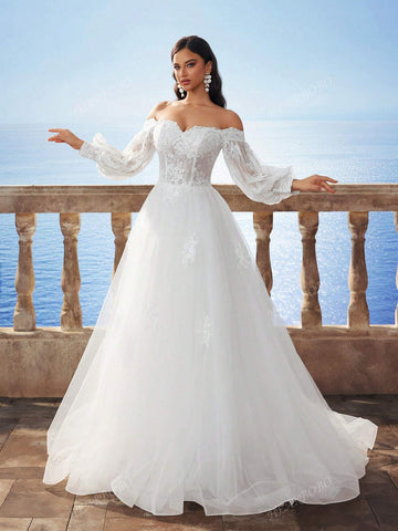 New Autumn/Winter Off-Shoulder Lantern Sleeve Snowflake Embroidery Long Dress, Bridal Wedding Dress