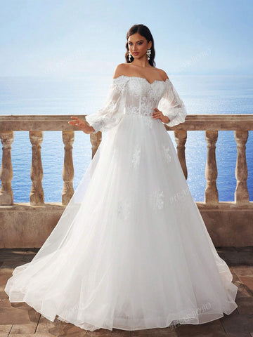New Autumn/Winter Off-Shoulder Lantern Sleeve Snowflake Embroidery Long Dress, Bridal Wedding Dress