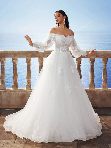 New Autumn/Winter Off-Shoulder Lantern Sleeve Snowflake Embroidery Long Dress, Bridal Wedding Dress