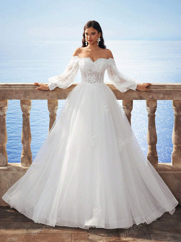 New Autumn/Winter Off-Shoulder Lantern Sleeve Snowflake Embroidery Long Dress, Bridal Wedding Dress