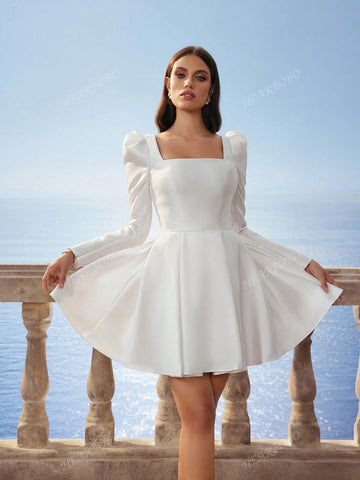 New Autumn/Winter Square Neck Long Sleeve Elegant Satin Mini Dress Formal Bridal Party Dress, White