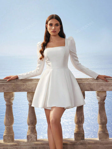 New Autumn/Winter Square Neck Long Sleeve Elegant Satin Mini Dress Formal Bridal Party Dress, White