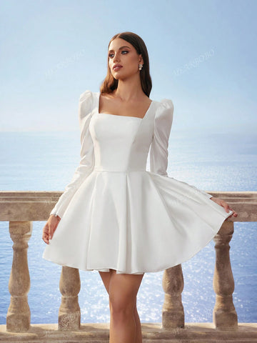 New Autumn/Winter Square Neck Long Sleeve Elegant Satin Mini Dress Formal Bridal Party Dress, White