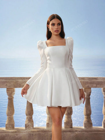 New Autumn/Winter Square Neck Long Sleeve Elegant Satin Mini Dress Formal Bridal Party Dress, White