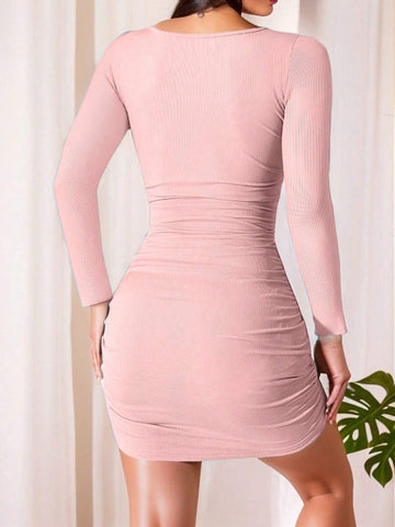 New Autumn Ice Silk Long Sleeve Dress, Square Neck Gathered Sexy Blue Bodycon Mini Dress