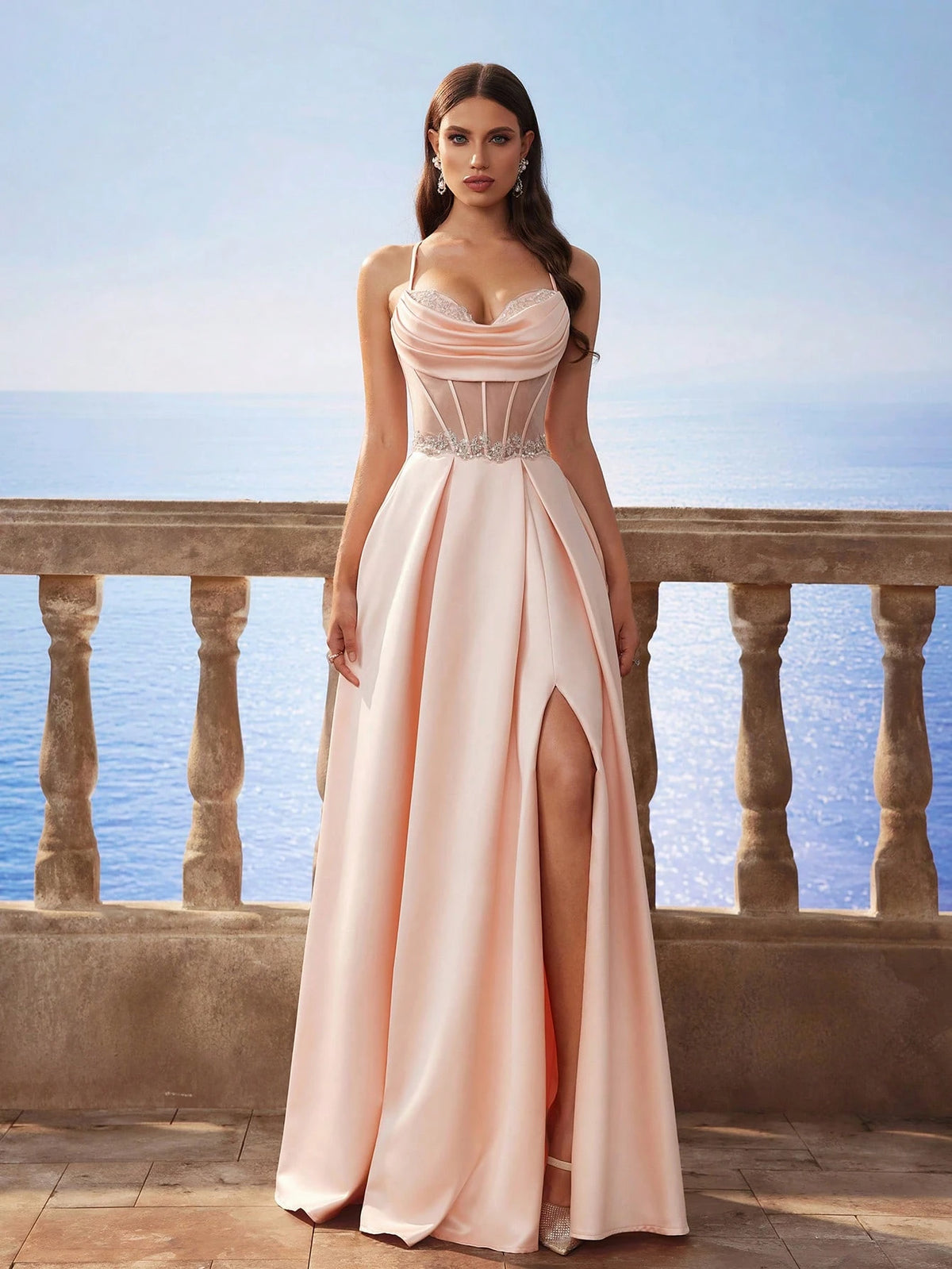 New Baroque Luxury Satin Spaghetti Strap Mermaid Style Long Bridesmaid Dress