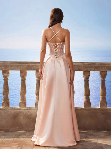 New Baroque Luxury Satin Spaghetti Strap Mermaid Style Long Bridesmaid Dress