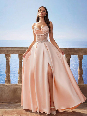 New Baroque Luxury Satin Spaghetti Strap Mermaid Style Long Bridesmaid Dress