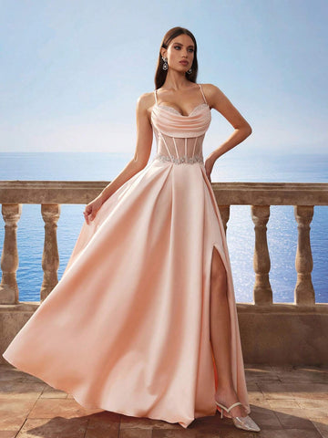 New Baroque Luxury Satin Spaghetti Strap Mermaid Style Long Bridesmaid Dress