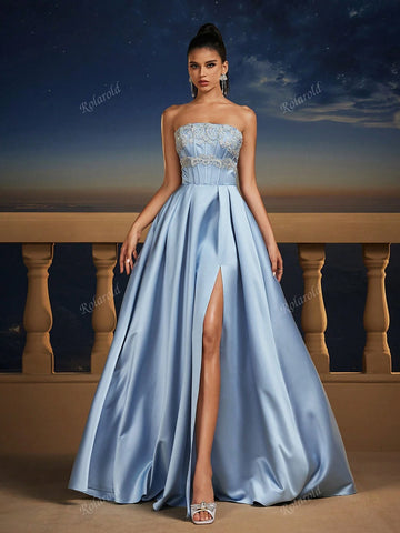 New Blue Romantic Sleeveless Maxi Bridesmaid Dress, Wedding Event Dress