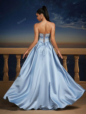 New Blue Romantic Sleeveless Maxi Bridesmaid Dress, Wedding Event Dress