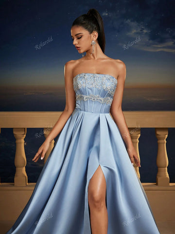 New Blue Romantic Sleeveless Maxi Bridesmaid Dress, Wedding Event Dress