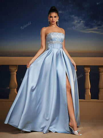 New Blue Romantic Sleeveless Maxi Bridesmaid Dress, Wedding Event Dress