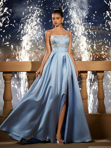 New Blue Romantic Sleeveless Maxi Bridesmaid Dress, Wedding Event Dress