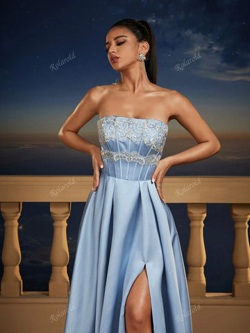 New Blue Romantic Sleeveless Maxi Bridesmaid Dress, Wedding Event Dress