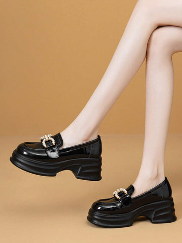 New British Style Women Rhinestone Black Round Toe Thick Sole Slip-On Platform
