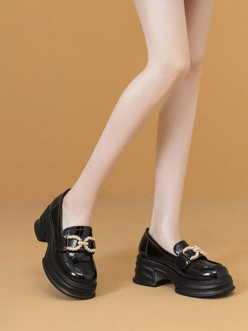 New British Style Women Rhinestone Black Round Toe Thick Sole Slip-On Platform