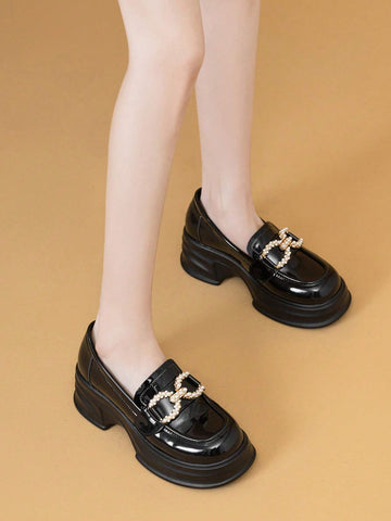 New British Style Women Rhinestone Black Round Toe Thick Sole Slip-On Platform