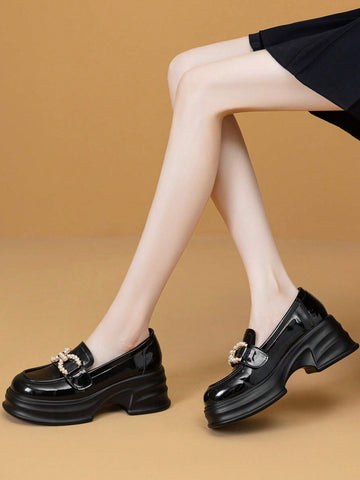 New British Style Women Rhinestone Black Round Toe Thick Sole Slip-On Platform