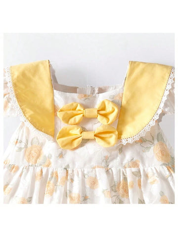 New Butterfly Sleeves Floral Dress With Bow For Girls" Spring/Summer 2024 Collection