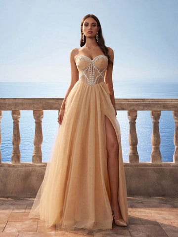 New Champagne Transparent Fish-Bone Mesh Long Bridesmaid Dress, Wedding Event Dress