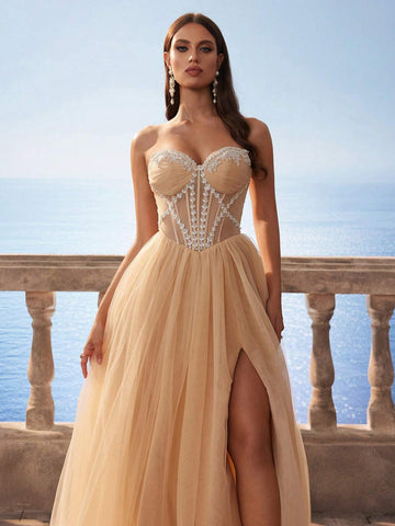 New Champagne Transparent Fish-Bone Mesh Long Bridesmaid Dress, Wedding Event Dress