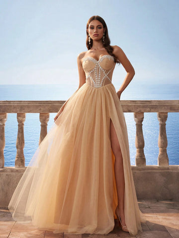 New Champagne Transparent Fish-Bone Mesh Long Bridesmaid Dress, Wedding Event Dress