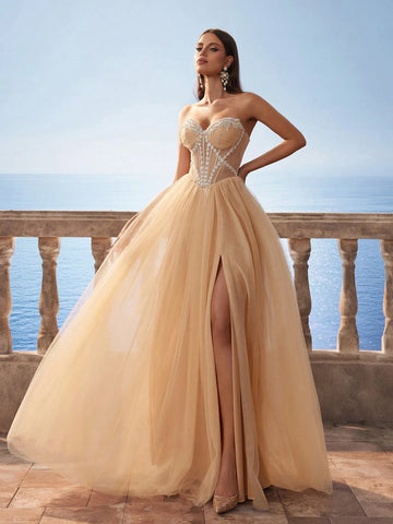 New Champagne Transparent Fish-Bone Mesh Long Bridesmaid Dress, Wedding Event Dress