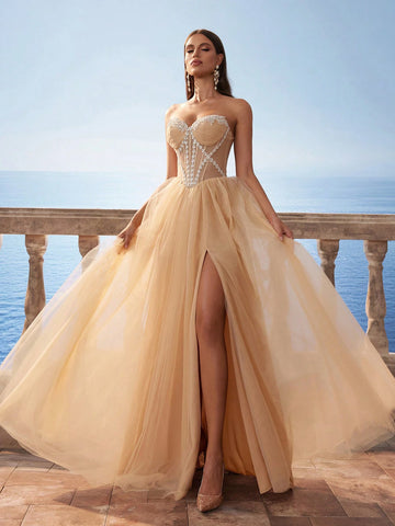 New Champagne Transparent Fish-Bone Mesh Long Bridesmaid Dress, Wedding Event Dress