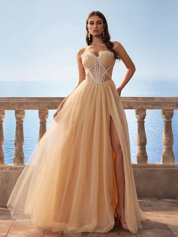 New Champagne Transparent Fish-Bone Mesh Long Bridesmaid Dress, Wedding Event Dress