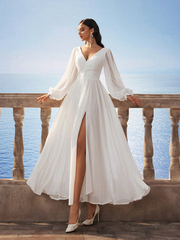 New Chiffon V-Neck Backless Long Sleeve Gown, Flowing Romantic Bridal Dress, Suitable For Banquet, Wedding And Daily Wear, Autumn/Winter