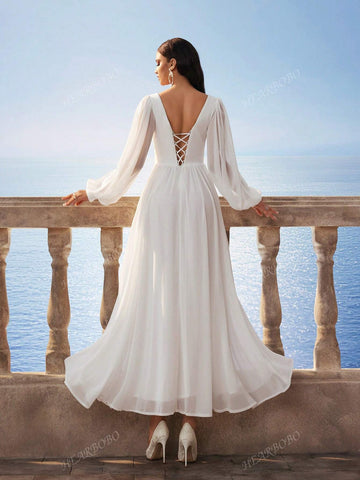 New Chiffon V-Neck Backless Long Sleeve Gown, Flowing Romantic Bridal Dress, Suitable For Banquet, Wedding And Daily Wear, Autumn/Winter