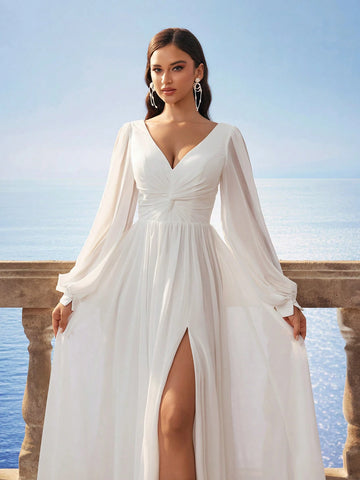 New Chiffon V-Neck Backless Long Sleeve Gown, Flowing Romantic Bridal Dress, Suitable For Banquet, Wedding And Daily Wear, Autumn/Winter