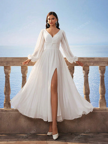 New Chiffon V-Neck Backless Long Sleeve Gown, Flowing Romantic Bridal Dress, Suitable For Banquet, Wedding And Daily Wear, Autumn/Winter
