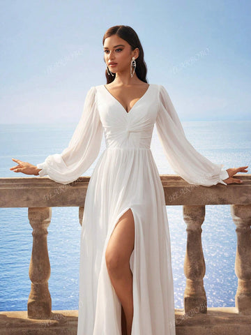 New Chiffon V-Neck Backless Long Sleeve Gown, Flowing Romantic Bridal Dress, Suitable For Banquet, Wedding And Daily Wear, Autumn/Winter