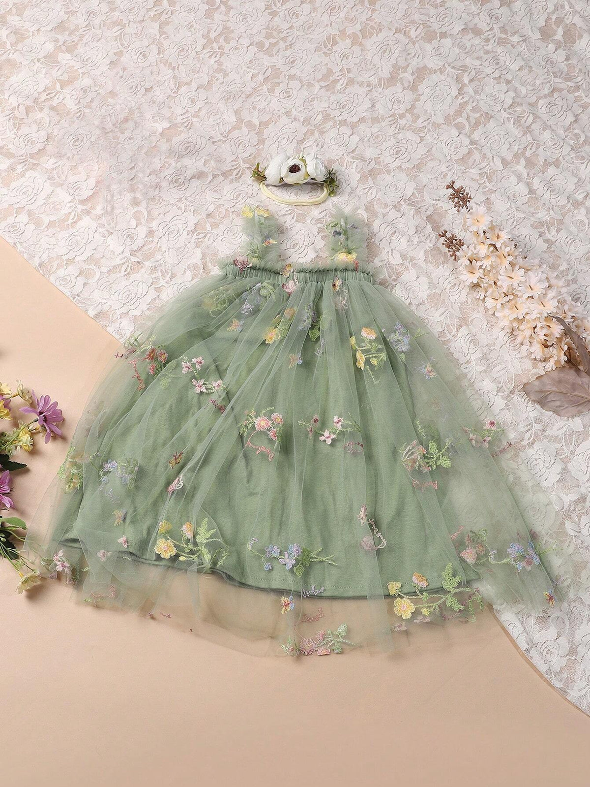New Children's Embroidered Flower Spaghetti Strap Dress, Cute Princess Mesh Tutu Dress For Girls, With Matching Headband