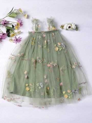 New Children's Embroidered Flower Spaghetti Strap Dress, Cute Princess Mesh Tutu Dress For Girls, With Matching Headband