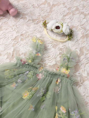 New Children's Embroidered Flower Spaghetti Strap Dress, Cute Princess Mesh Tutu Dress For Girls, With Matching Headband
