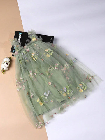 New Children's Embroidered Flower Spaghetti Strap Dress, Cute Princess Mesh Tutu Dress For Girls, With Matching Headband