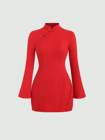 New Chinese Style Stand Collar Dress With Button And Side Slit