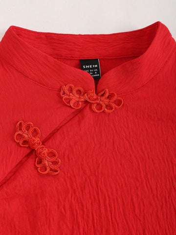 New Chinese Style Stand Collar Dress With Button And Side Slit