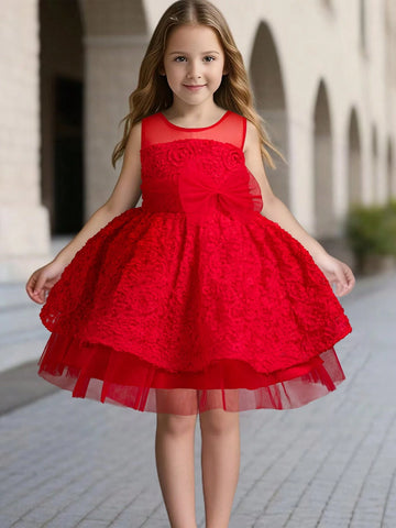 New Christmas Flower Girl Net Tulle Dress Red Stage Performance Dress Princess Gown For Young Girl